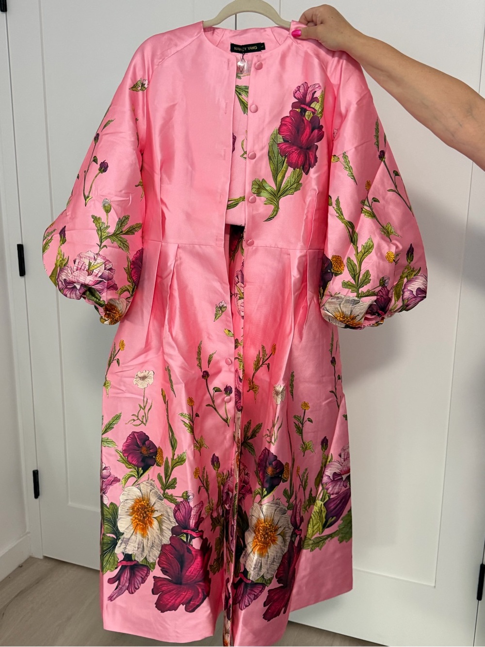 Nancy Yang Pink Floral Satin Long Coat